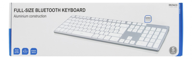 DELTACO fullsize bluetooth keyboard, aluminium, rechargeable battery,
