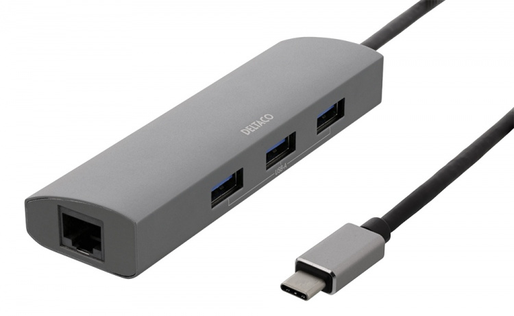 DELTACO USB-C hub and network adapter, USB-C, RJ45, 3x USB-A 3.0