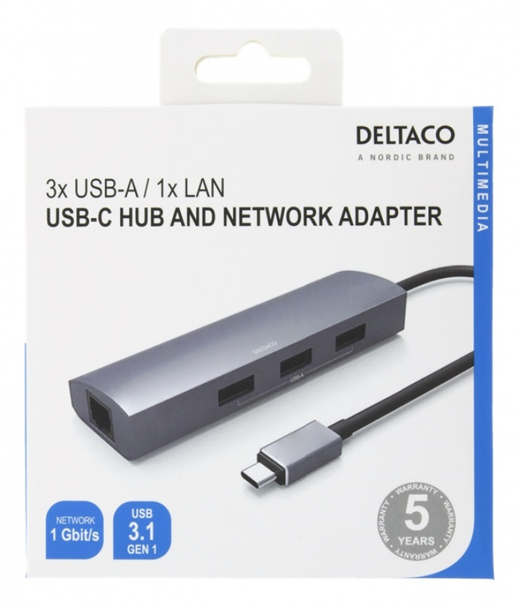 DELTACO USB-C hub and network adapter, USB-C, RJ45, 3x USB-A 3.0