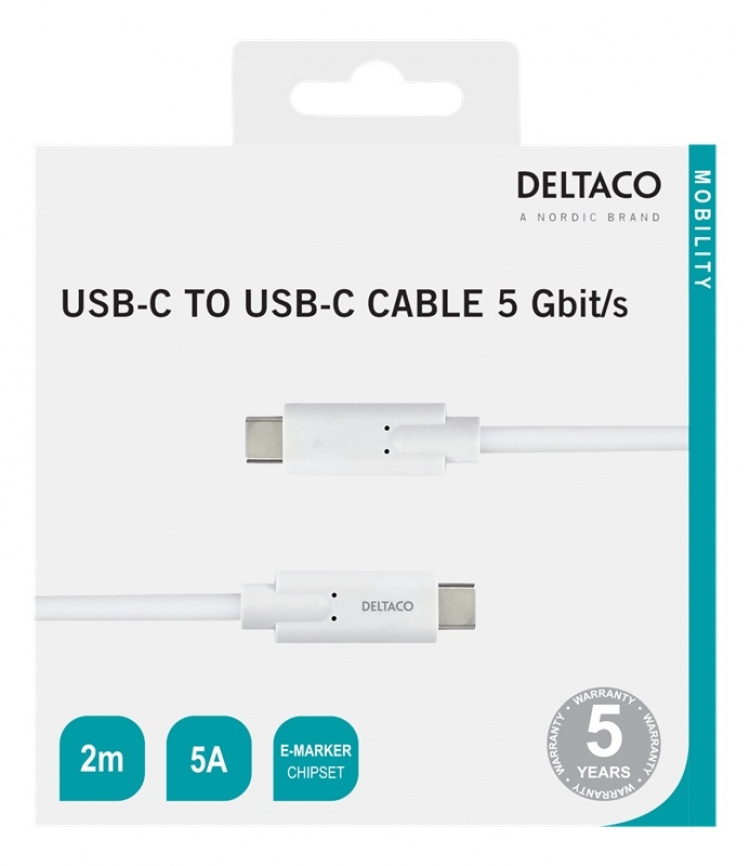 DELTACO USB-C - USB-C cable, 5Gbit/s, 5A, 2M, white DELTACO USB-C - USB-C cable, 5Gbit/s, 5A, 2M, white