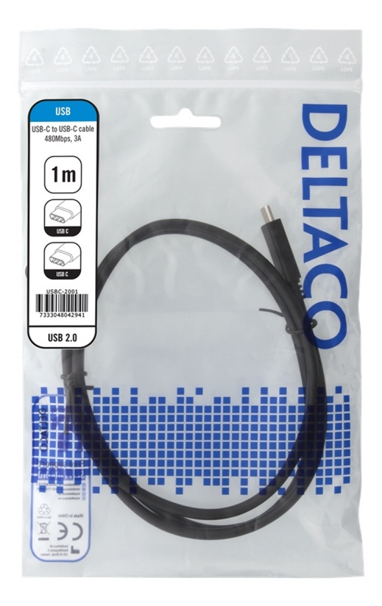 DELTACO USB 2.0 USB-C - USB-C charging cable, 3A, 1m, black DELTACO USB 2.0 USB-C - USB-C charging cable, 3A, 1m, black