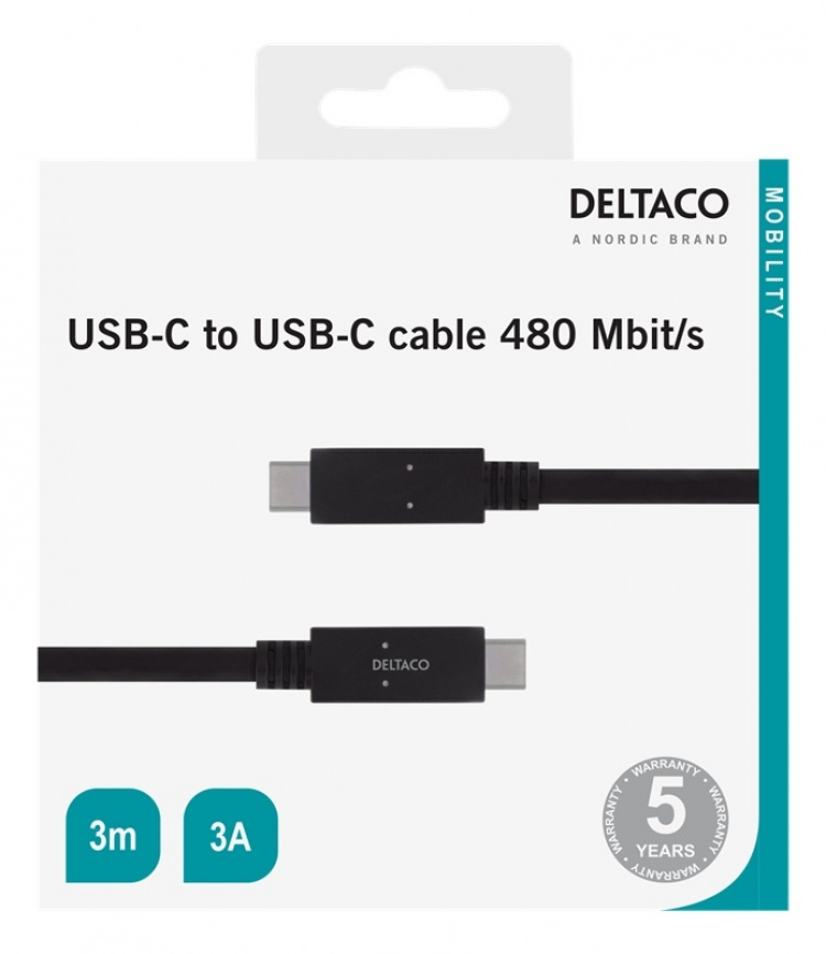 DELTACO USB 2.0 kabel, Typ C - Typ C, 3m, svart DELTACO USB 2.0 kabel, Typ C - Typ C, 3m, svart