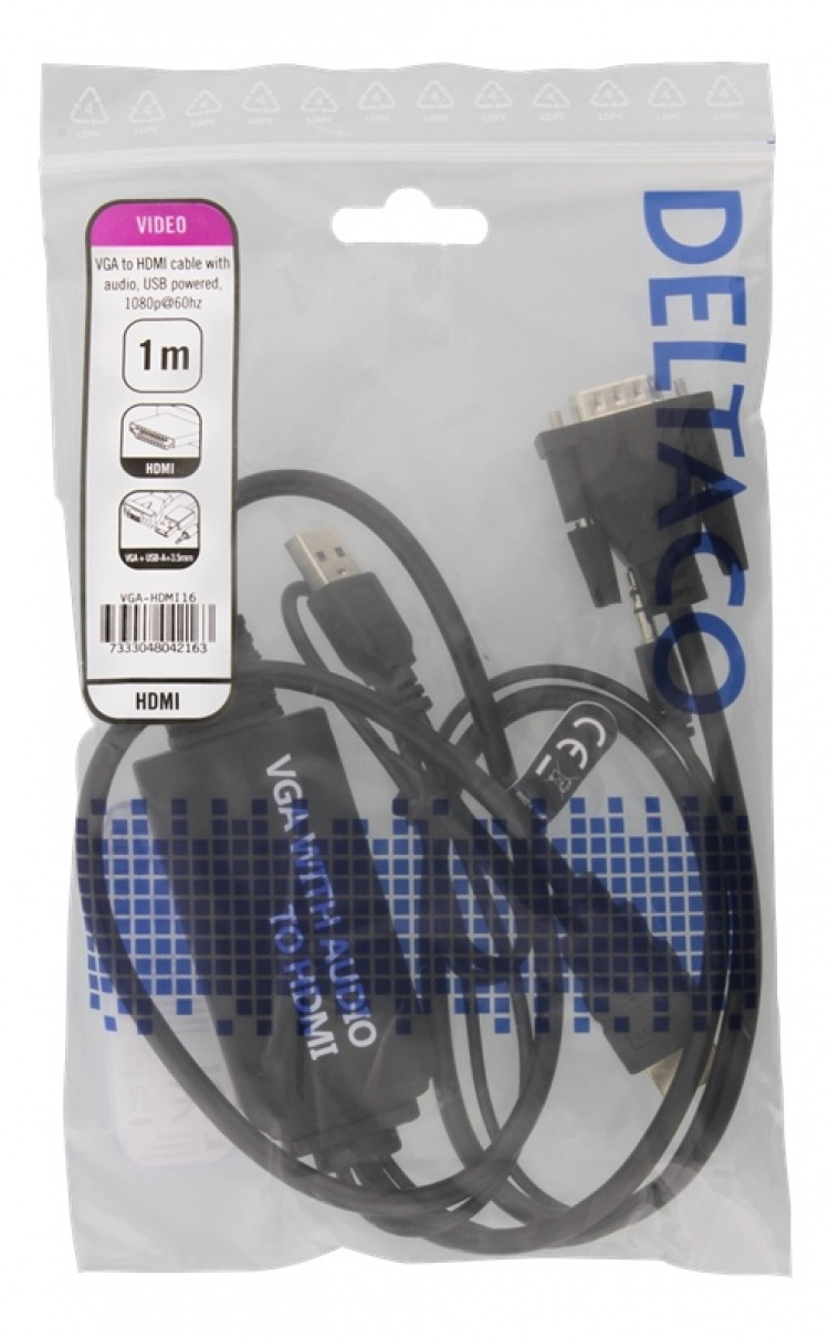 DELTACO VGA & Audio - HDMI cable, USB powered, 1m, black DELTACO VGA & Audio - HDMI cable, USB powered, 1m, black