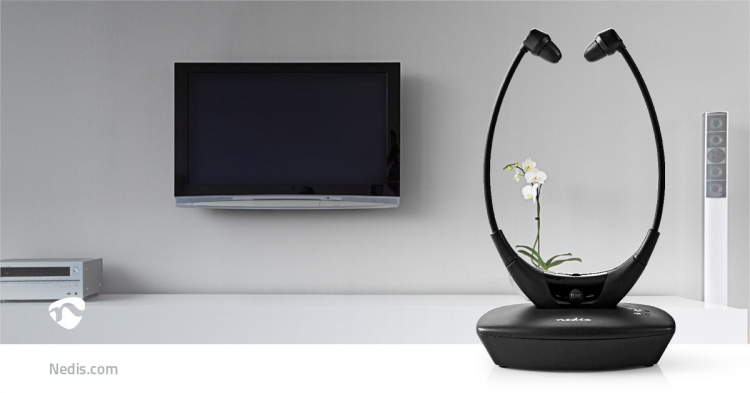 Nedis Wireless TV Headphones | RF, frequency 868 Mhz | In-Ear | Battery play time: 4.5 hrs | 35 m | Digital Audio | Charging dock | Balance control | Black Nedis Wireless TV Headphones | RF, frequency 868 Mhz | In-Ear | Battery play time: 4.5 hrs | 35 m | Digital Audio | Charging dock | Balance control | Black