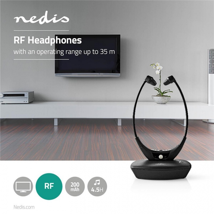 Nedis Wireless TV Headphones | RF | In-Ear | Battery play time: 4.5 hrs | 35 m | Digital Audio | Charging dock | Balance control | Black