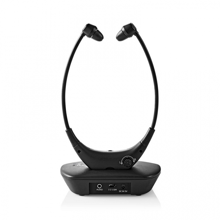 Nedis Wireless TV Headphones | RF, frequency 868 Mhz | In-Ear | Battery play time: 4.5 hrs | 35 m | Digital Audio | Charging dock | Balance control | Black Nedis Wireless TV Headphones | RF, frequency 868 Mhz | In-Ear | Battery play time: 4.5 hrs | 35 m | Digital Audio | Charging dock | Balance control | Black