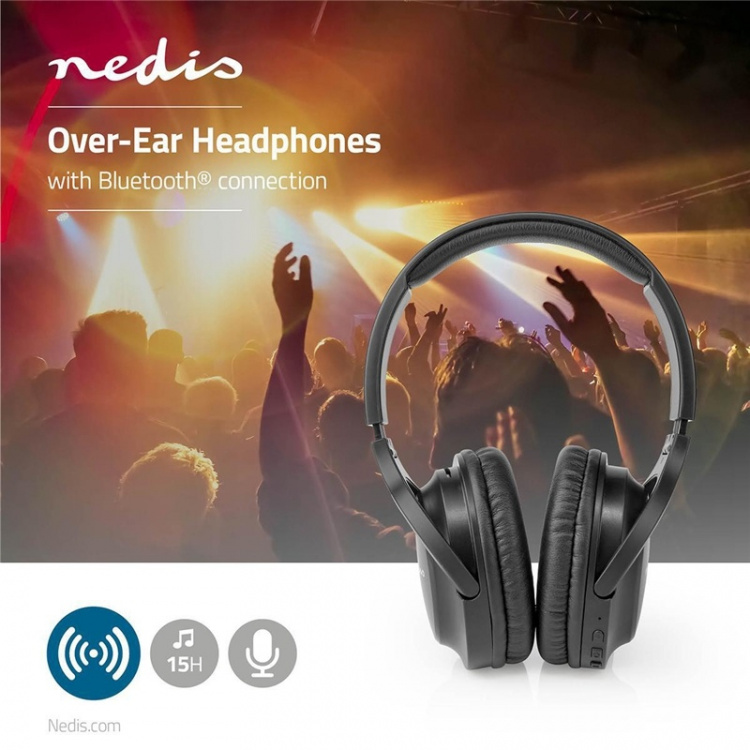 Nedis Wireless Over-Ear Headphones | Battery play time: 20 hrs | Built-in microphone | Press Control | Voice control support | Volume control | Travel case included | Black