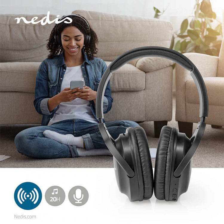 Nedis Wireless Over-Ear Headphones | Battery play time: 20 hrs | Built-in microphone | Press Control | Voice control support | Volume control | Travel case included | Black