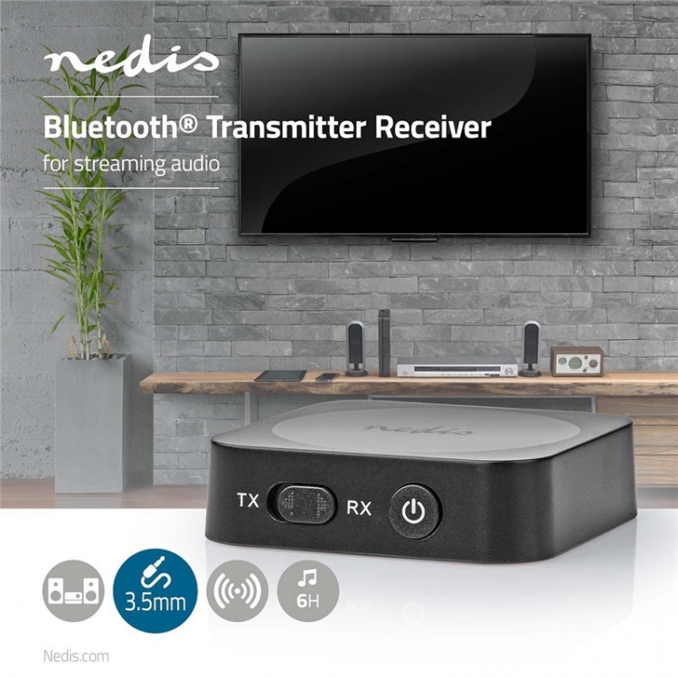 Nedis Bluetooth® Transmitter Receiver | Audio / video / data connections input: 1x AUX | Audio / video / data connections output: 1x AUX | SBC | Up to 1 Device | Battery play time: 6 hrs | Black