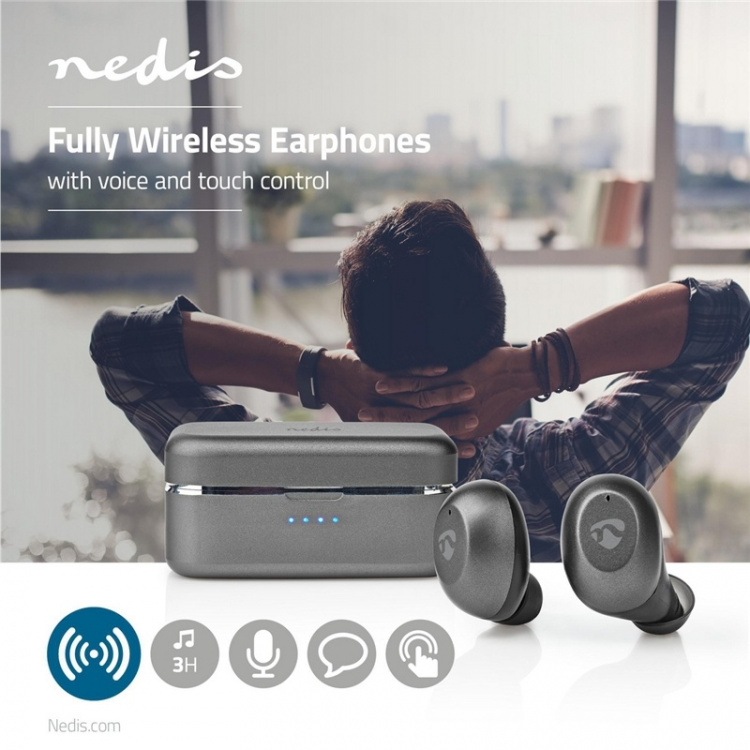 Nedis Fully Wireless Earphones | Bluetooth® | Battery play time: 3 hrs | Touch Control | Charging case | Built-in microphone | Voice control support | Grey / Silver