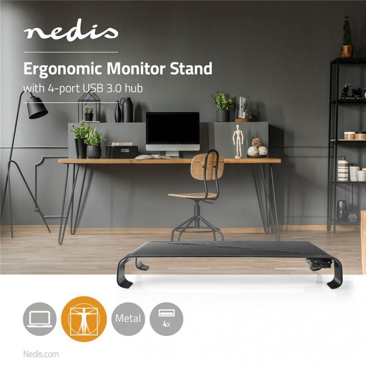 Nedis Monitor Stand | Ergonomics: Yes | Maximum carrying capacity: 18 kg | Universal | USB hub | Adjustable height: No