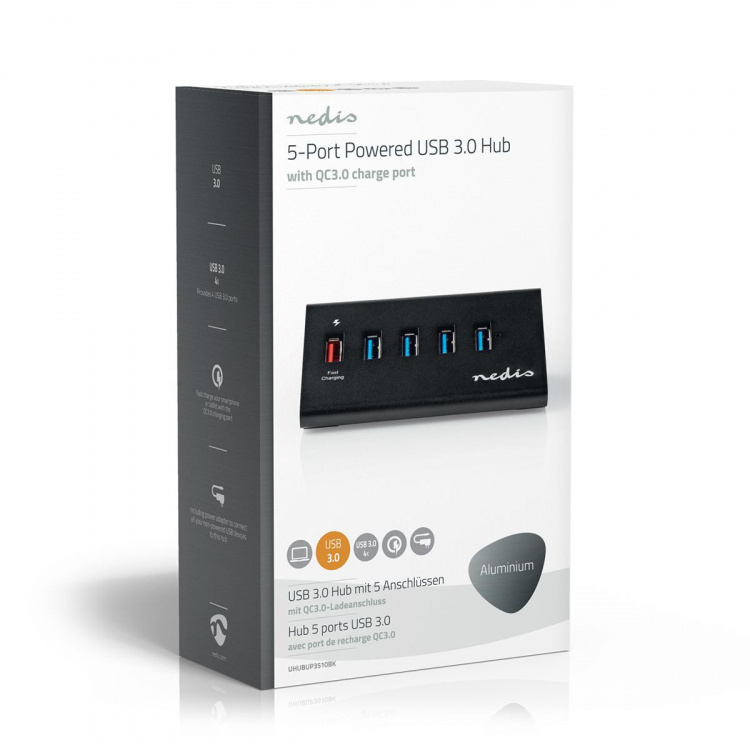 Nedis USB Hub | USB Micro-B Female | USB-A Female | 5 port(s) | QC3.0 / USB 3.2 Gen 1 | Mains Powered / USB Powered | 5 Gbps | 5x USB