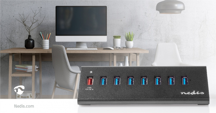 Nedis USB Hub | USB Micro-B Female | USB-A Female | 8 port(s) | QC3.0 / USB 3.2 Gen 1 | Mains Powered / USB Powered | 5 Gbps | 8x USB