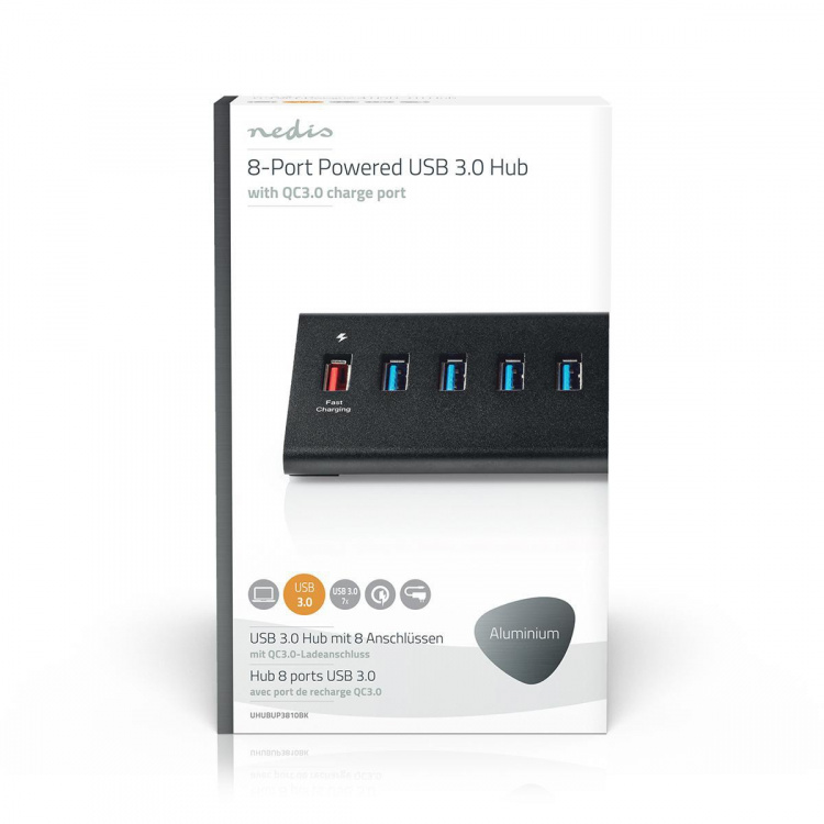 Nedis USB Hub | USB Micro-B Female | USB-A Female | 8 port(s) | QC3.0 / USB 3.2 Gen 1 | Mains Powered / USB Powered | 5 Gbps | 8x USB