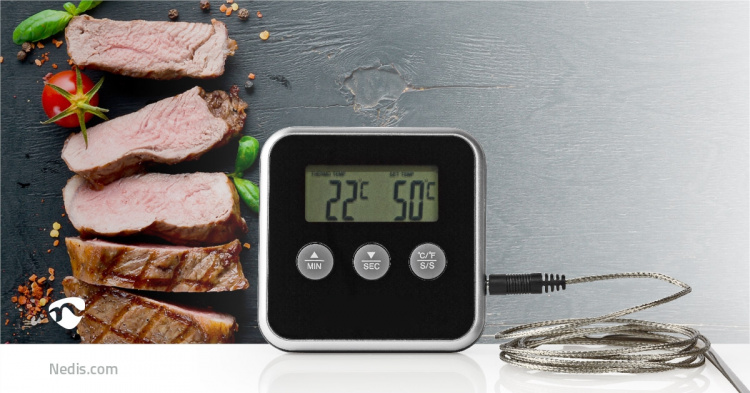 Nedis Meat Thermometer | Alarm / Timer | LCD | 0 - 250 °C | Black / Silver