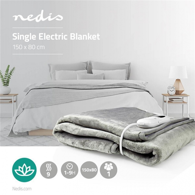 Nedis Electric Blanket | Underblanket | 1 Person | 150 x 80 cm | 9 Heat Settings | Washable | Overheating protection | Digital control | Fleece / Polyester
