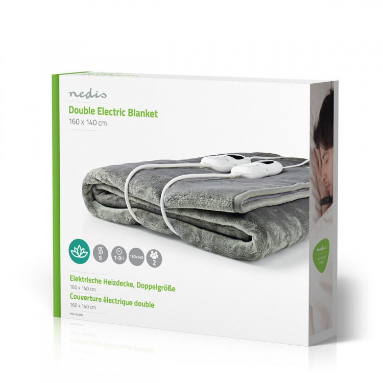Nedis Electric Blanket | Underblanket | 2 Persons | 160 x 140 cm | 9 Heat Settings | 9 h | Washable | Overheating protection | Digital control | Fleece / Polyester