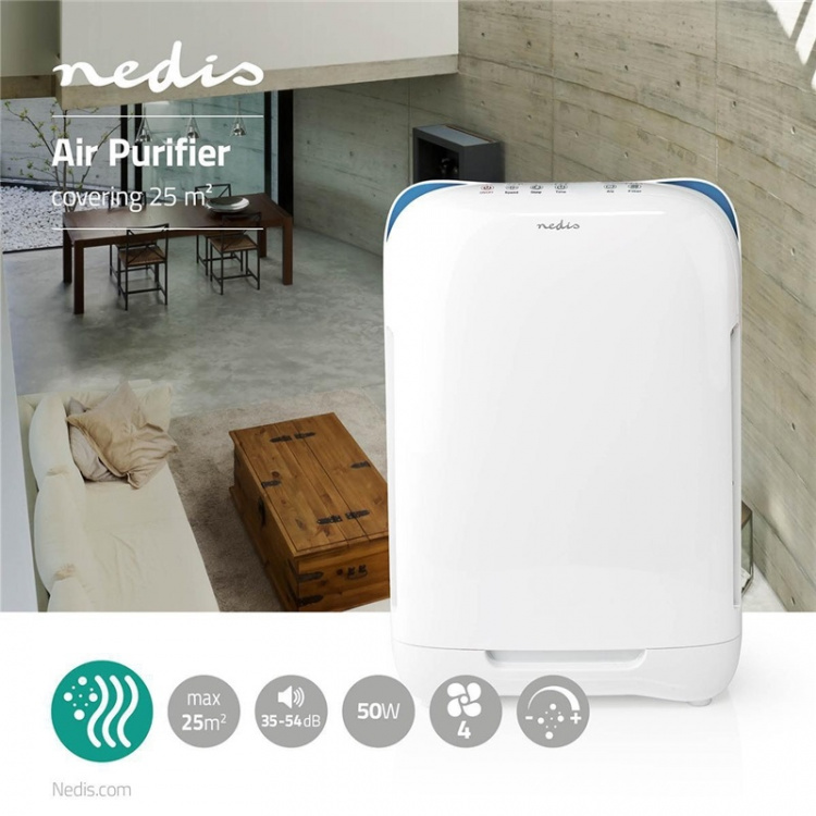 Nedis Air Purifier | Suitable for space up to: 25 m² | Clean Air Delivery Rate (CADR): 200 m³/h | Air quality indicator | White