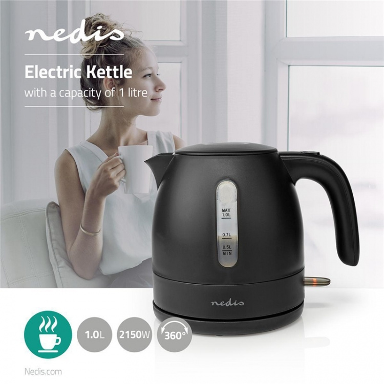 Nedis Electric Kettle | 1.0 l | Plastic | Black | Rotatable 360 degrees | Concealed heating element | Strix® controller | Boil-dry protection Nedis Electric Kettle | 1.0 l | Plastic | Black | Rotatable 360 degrees | Concealed heating element | Strix® controller | Boil-dry protection
