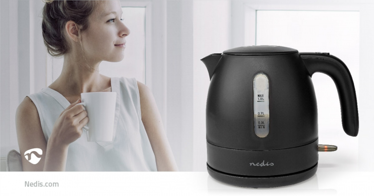 Nedis Electric Kettle | 1.0 l | Plastic | Black | Rotatable 360 degrees | Concealed heating element | Strix® controller | Boil-dry protection Nedis Electric Kettle | 1.0 l | Plastic | Black | Rotatable 360 degrees | Concealed heating element | Strix® controller | Boil-dry protection