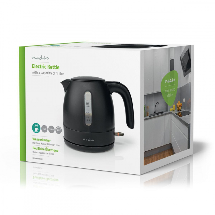 Nedis Electric Kettle | 1.0 l | Plastic | Black | Rotatable 360 degrees | Concealed heating element | Strix® controller | Boil-dry protection Nedis Electric Kettle | 1.0 l | Plastic | Black | Rotatable 360 degrees | Concealed heating element | Strix® controller | Boil-dry protection
