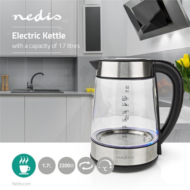 Nedis Electric Kettle | 1.7 l | Glass | Transparent | 60,70,80,90,100 °C | Temperature indicator | Rotatable 360 degrees | Concealed heating element | Strix® controller | Boil-dry protection Nedis Electric Kettle | 1.7 l | Glass | Transparent | 60,70,80,90,100 °C | Temperature indicator | Rotatable 360 degrees | Concealed heating element | Strix® controller | Boil-dry protection