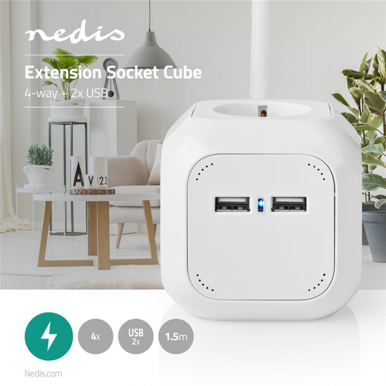 Nedis Extension Socket | Type F (CEE 7/7) | 4-Way | 1.50 m | 3680 W | 16 A | Kind of grounding: Side Contacts | 230 V AC 50/60 Hz | Socket angle: 90 ° | H05VV-F 3G1.5mm² | White Nedis Extension Socket | Type F (CEE 7/7) | 4-Way | 1.50 m | 3680 W | 16 A | Kind of grounding: Side Contacts | 230 V AC 50/60 Hz | Socket angle: 90 ° | H05VV-F 3G1.5mm² | White