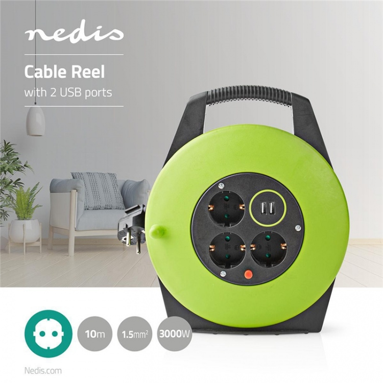Nedis Cable Reel | Plug with earth contact | 10.0 m | 3000 W | 16 A | Kind of grounding: Side Contacts | 230 V AC 50/60 Hz | Socket angle: 90 ° | H05VV-F 3G1.5mm² | Fuse: Yes | Black / Green Nedis Cable Reel | Plug with earth contact | 10.0 m | 3000 W | 16 A | Kind of grounding: Side Contacts | 230 V AC 50/60 Hz | Socket angle: 90 ° | H05VV-F 3G1.5mm² | Fuse: Yes | Black / Green