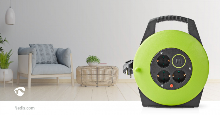Nedis Cable Reel | Plug with earth contact | 10.0 m | 3000 W | 16 A | Kind of grounding: Side Contacts | 230 V AC 50/60 Hz | Socket angle: 90 ° | H05VV-F 3G1.5mm² | Fuse: Yes | Black / Green Nedis Cable Reel | Plug with earth contact | 10.0 m | 3000 W | 16 A | Kind of grounding: Side Contacts | 230 V AC 50/60 Hz | Socket angle: 90 ° | H05VV-F 3G1.5mm² | Fuse: Yes | Black / Green