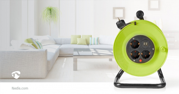 Nedis Cable Reel | Plug with earth contact | 25.0 m | 3000 W | 16 A | Kind of grounding: Side Contacts | 230 V AC 50/60 Hz | Socket angle: 90 ° | H05VV-F 3G1.5mm² | Fuse: Yes | Black / Green
