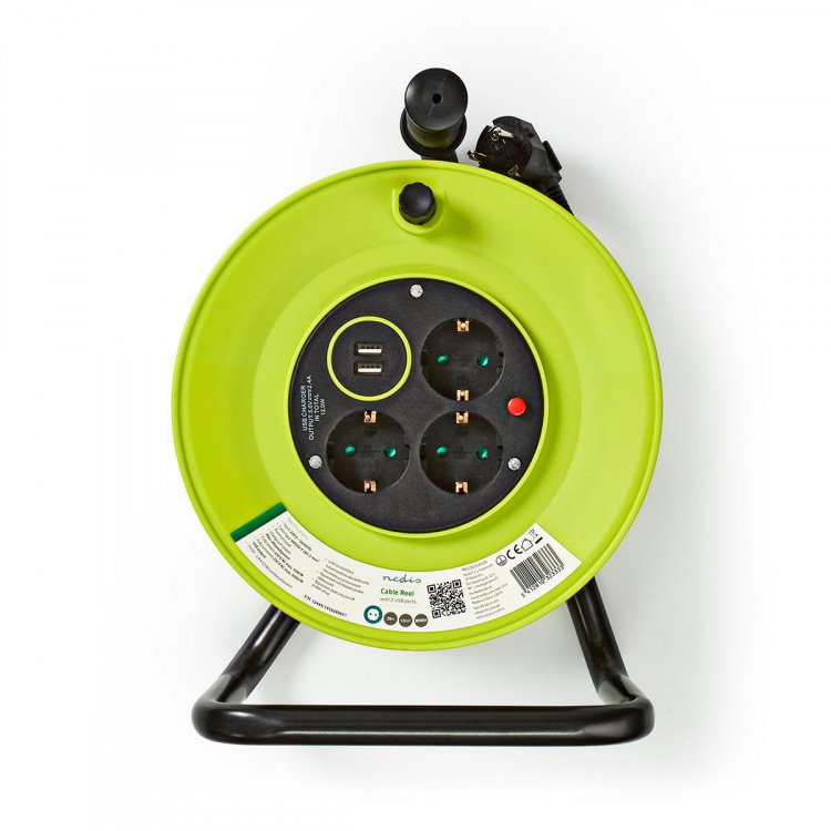 Nedis Cable Reel | Plug with earth contact | 25.0 m | 3000 W | 16 A | Kind of grounding: Side Contacts | 230 V AC 50/60 Hz | Socket angle: 90 ° | H05VV-F 3G1.5mm² | Fuse: Yes | Black / Green