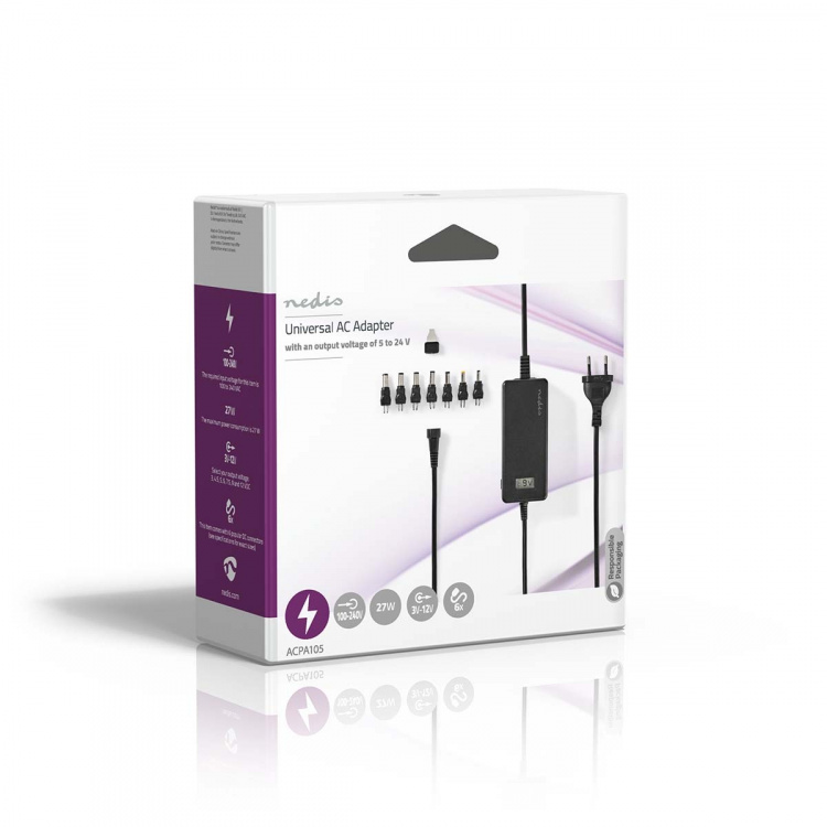 Nedis Universal AC Power Adapter | 36 W | 5 - 24 V DC | 1.80 m | 2.4 - 3.0 A | 7 plug(s) | Black Nedis Universal AC Power Adapter | 36 W | 5 - 24 V DC | 1.80 m | 2.4 - 3.0 A | 7 plug(s) | Black