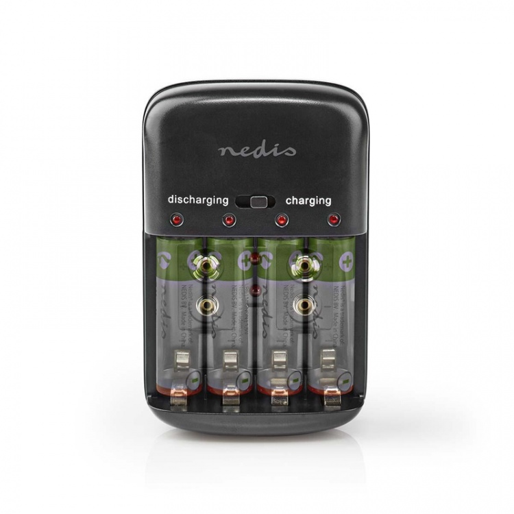 Nedis NiMH Battery Charger AA / AAA | 1.2 / 9 V DC | 0.5 A | Trickle charging | Type C (CEE 7/16) | Battery type: AA / AAA / E-Block | Black Nedis NiMH Battery Charger AA / AAA | 1.2 / 9 V DC | 0.5 A | Trickle charging | Type C (CEE 7/16) | Battery type: AA / AAA / E-Block | Black