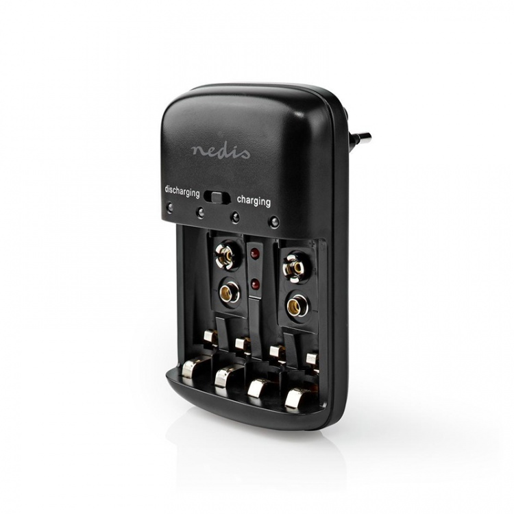 Nedis NiMH Battery Charger AA / AAA | 1.2 / 9 V DC | 0.5 A | Trickle charging | Type C (CEE 7/16) | Battery type: AA / AAA / E-Block | Black Nedis NiMH Battery Charger AA / AAA | 1.2 / 9 V DC | 0.5 A | Trickle charging | Type C (CEE 7/16) | Battery type: AA / AAA / E-Block | Black
