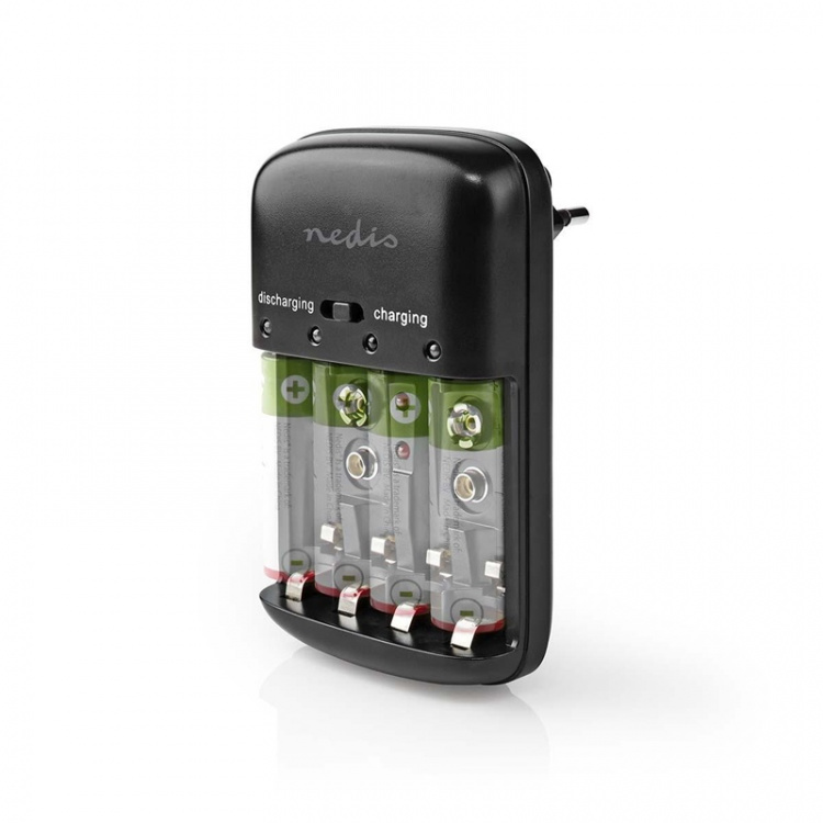 Nedis NiMH Battery Charger AA / AAA | 1.2 / 9 V DC | 0.5 A | Trickle charging | Type C (CEE 7/16) | Battery type: AA / AAA / E-Block | Black Nedis NiMH Battery Charger AA / AAA | 1.2 / 9 V DC | 0.5 A | Trickle charging | Type C (CEE 7/16) | Battery type: AA / AAA / E-Block | Black