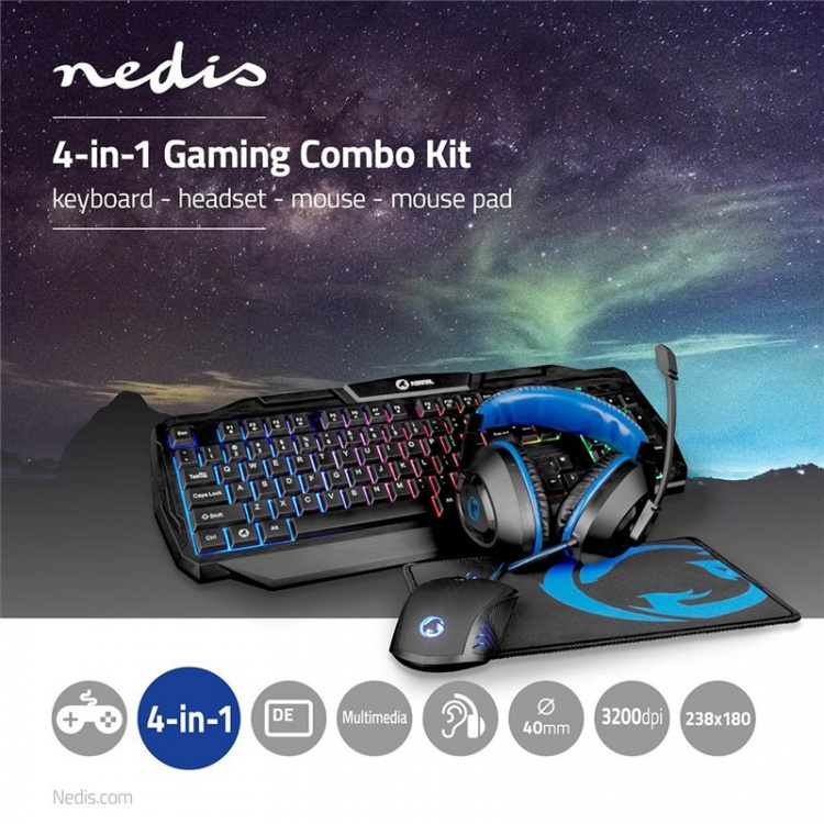 Nedis Gaming Combo Kit | 4-in-1 | Keyboard, Headset, Mouse and Mouse Pad | Black / Blue | QWERTZ | DE Layout