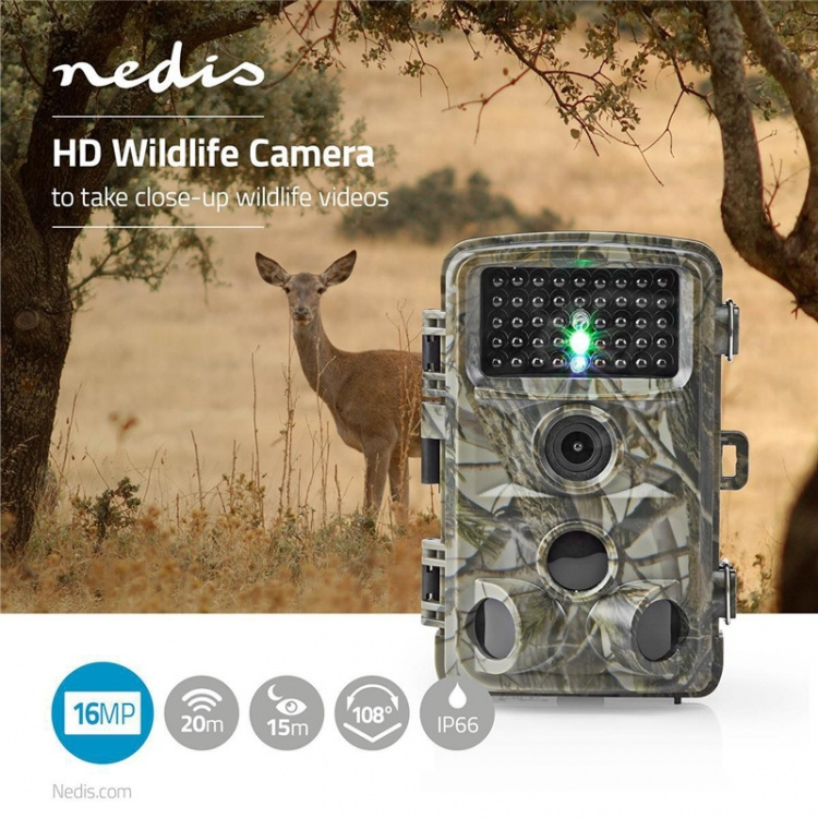 Nedis Wildlife Camera | 1080p@30fps | 24.0 MPixel | 5 MPixel CMOS | IP66 | Black No-Glow IR | Night vision | Viewing angle: 90 ° | Motion sensor | Detection angle: 120 ° | Detection range: 20.0 m | Screen size: 2.4 