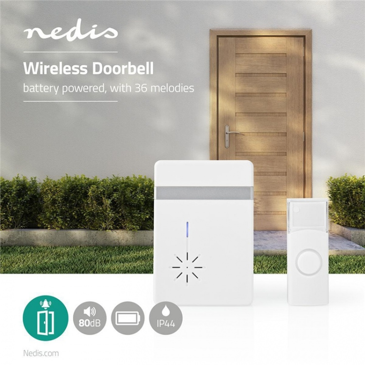 Nedis Wireless Doorbell Set | Battery Powered | 3 V DC | 1x CR2032 | Volume: 80 dB | Signal range: 300 m | IP44 | 36 Melodies | 1 Receiver | White Nedis Wireless Doorbell Set | Battery Powered | 3 V DC | 1x CR2032 | Volume: 80 dB | Signal range: 300 m | IP44 | 36 Melodies | 1 Receiver | White