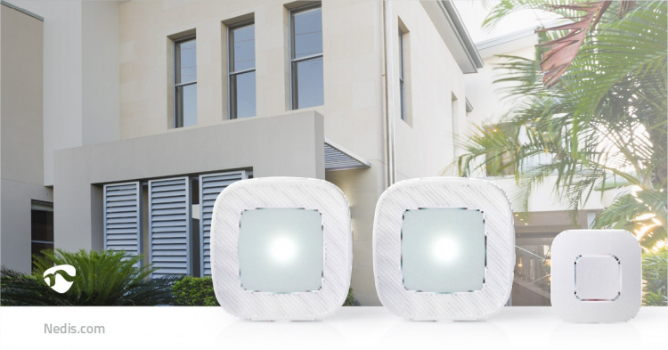 Nedis Wireless Doorbell Set | Mains Powered | 220 - 240 V AC 50 Hz | 1x CR2032 | Volume: 80 dB | Signal range: 300 m | IP44 | Adjustable volume | 36 Melodies | 2 Receivers | White