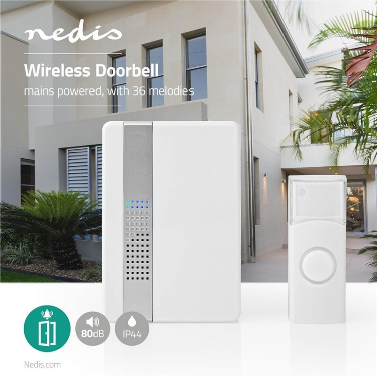 Nedis Wireless Doorbell Set | Mains Powered | 220 - 240 V AC 50 Hz | 1x CR2032 | Volume: 80 dB | Signal range: 300 m | IP44 | Adjustable volume | 36 Melodies | 1 Receiver | White Nedis Wireless Doorbell Set | Mains Powered | 220 - 240 V AC 50 Hz | 1x CR2032 | Volume: 80 dB | Signal range: 300 m | IP44 | Adjustable volume | 36 Melodies | 1 Receiver | White