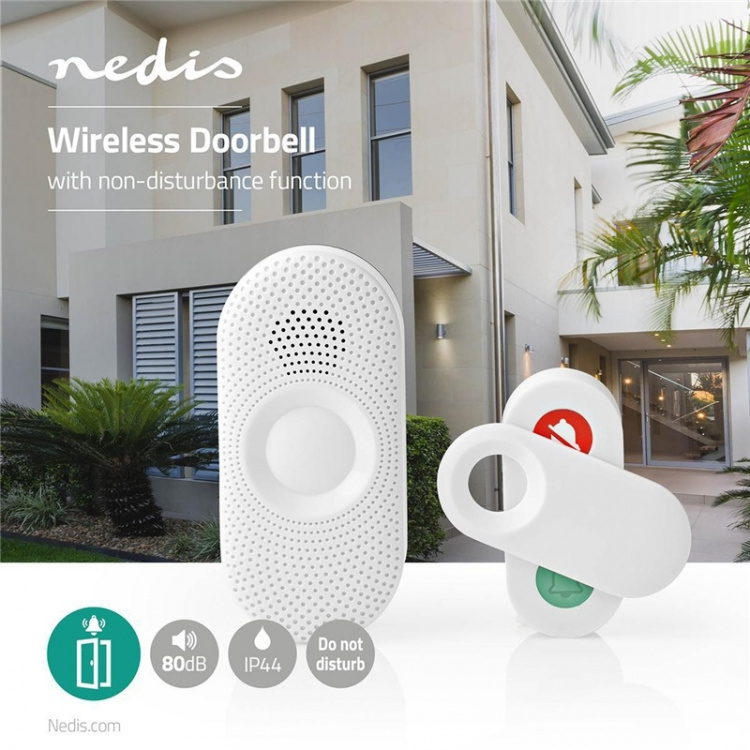 Nedis Wireless Doorbell Set | Mains Powered | 220 - 240 V AC 50 Hz | 1x CR2032 | Volume: 80 dB | Signal range: 300 m | IP44 | Adjustable volume | 36 Melodies | 1 Receiver | Grey / White