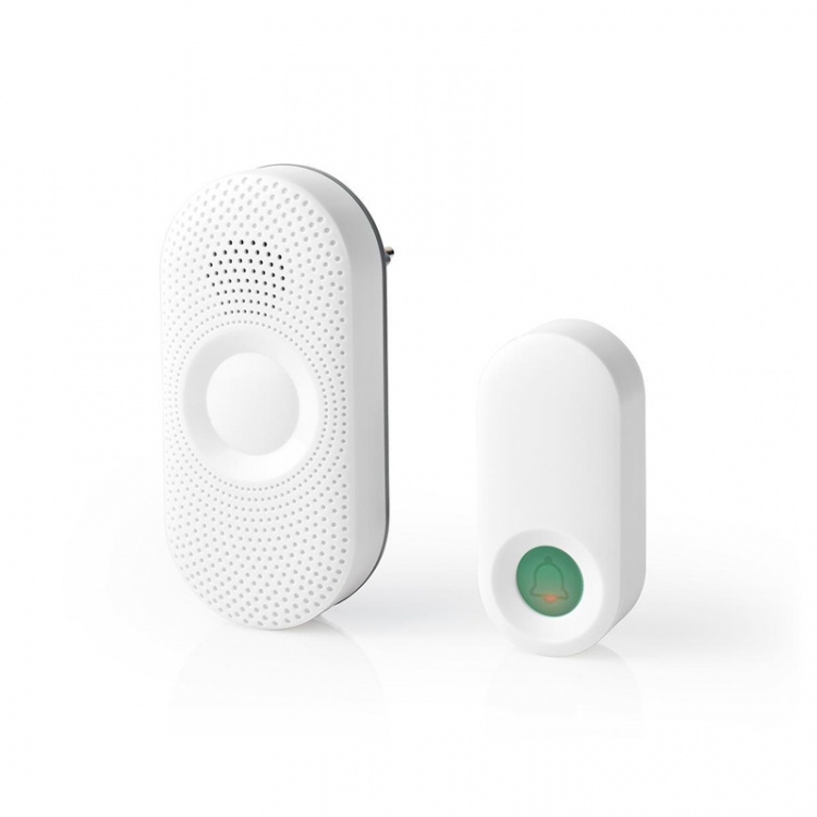 Nedis Wireless Doorbell Set | Mains Powered | 220 - 240 V AC 50 Hz | 1x CR2032 | Volume: 80 dB | Signal range: 300 m | IP44 | Adjustable volume | 36 Melodies | 1 Receiver | Grey / White