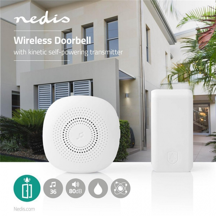 Nedis Wireless Doorbell Set | Mains Powered | 220 - 240 V AC 50 Hz | 1x CR2032 | Volume: 80 dB | Signal range: 100 m | Adjustable volume | 36 Melodies | 1 Receiver | White