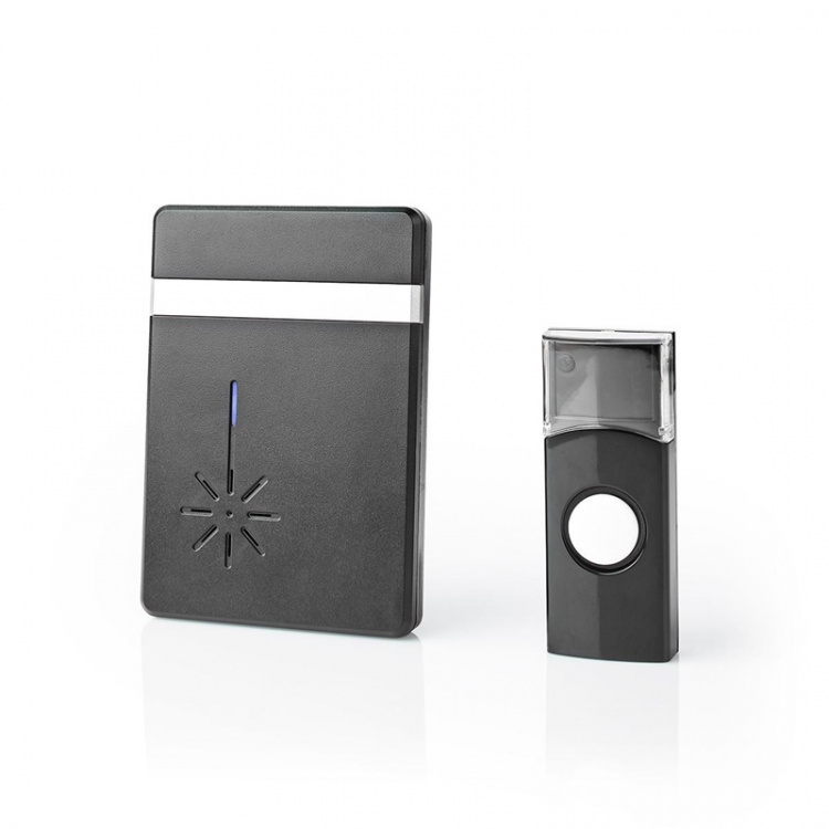 Nedis Wireless Doorbell Set | Battery Powered | 3 V DC | 1x CR2032 | Volume: 80 dB | Signal range: 300 m | IP44 | 36 Melodies | 1 Receiver | Black Nedis Wireless Doorbell Set | Battery Powered | 3 V DC | 1x CR2032 | Volume: 80 dB | Signal range: 300 m | IP44 | 36 Melodies | 1 Receiver | Black