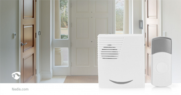 Nedis Wireless Doorbell Set | Battery Powered | 3 V DC | 1x CR2032 | Volume: 80 dB | Signal range: 300 m | IP44 | 36 Melodies | 1 Receiver | Grey / White