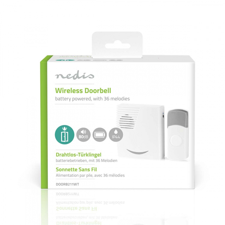 Nedis Wireless Doorbell Set | Battery Powered | 3 V DC | 1x CR2032 | Volume: 80 dB | Signal range: 300 m | IP44 | 36 Melodies | 1 Receiver | Grey / White