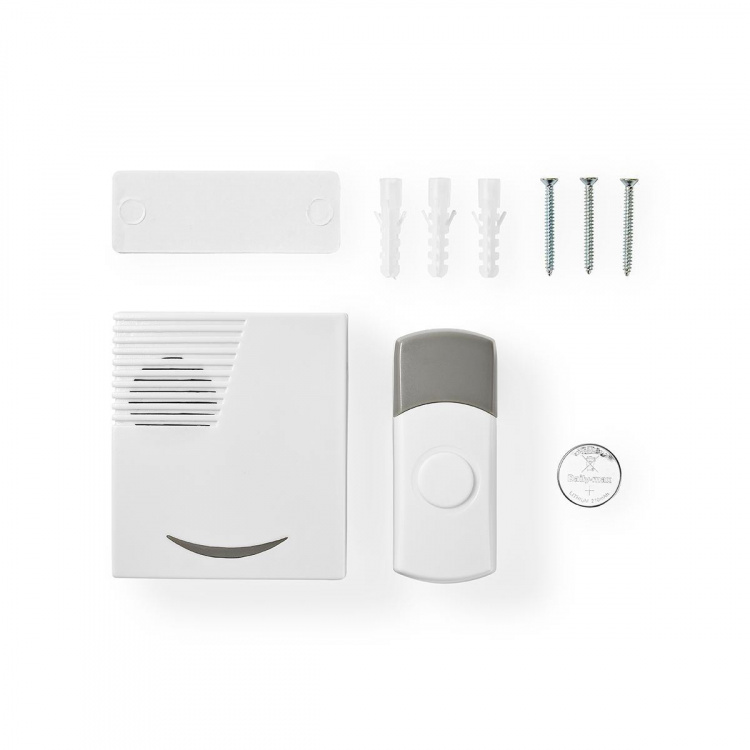 Nedis Wireless Doorbell Set | Battery Powered | 3 V DC | 1x CR2032 | Volume: 80 dB | Signal range: 300 m | IP44 | 36 Melodies | 1 Receiver | Grey / White
