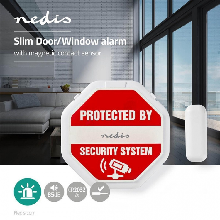 Nedis Doorstep Window Alarm | Magnetic Sensor | Battery Powered | 2x CR2032 | 85 dB | White