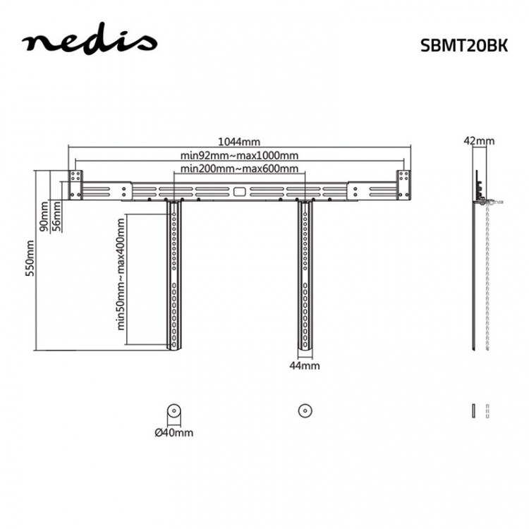 Nedis Soundbar Mount | Compatible with: Universal | Attached to the TV | 10 kg | Depth Adjustment | Steel | Black