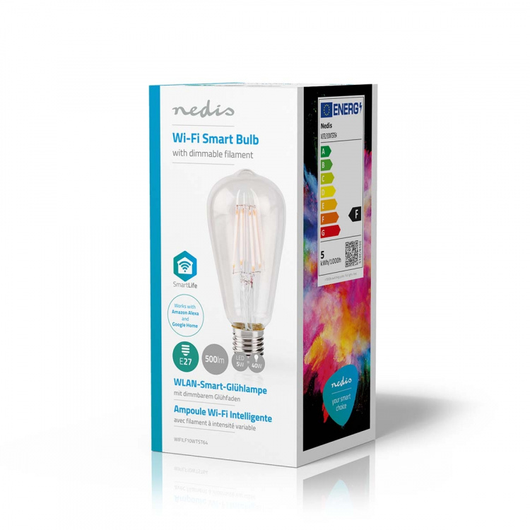 Nedis SmartLife LED Filament Bulb | E27 | 500 lm | 5 W | Warm White | 2700 K | Glass | Android™ / IOS | ST64 | 1 pcs Nedis SmartLife LED Filament Bulb | E27 | 500 lm | 5 W | Warm White | 2700 K | Glass | Android™ / IOS | ST64 | 1 pcs